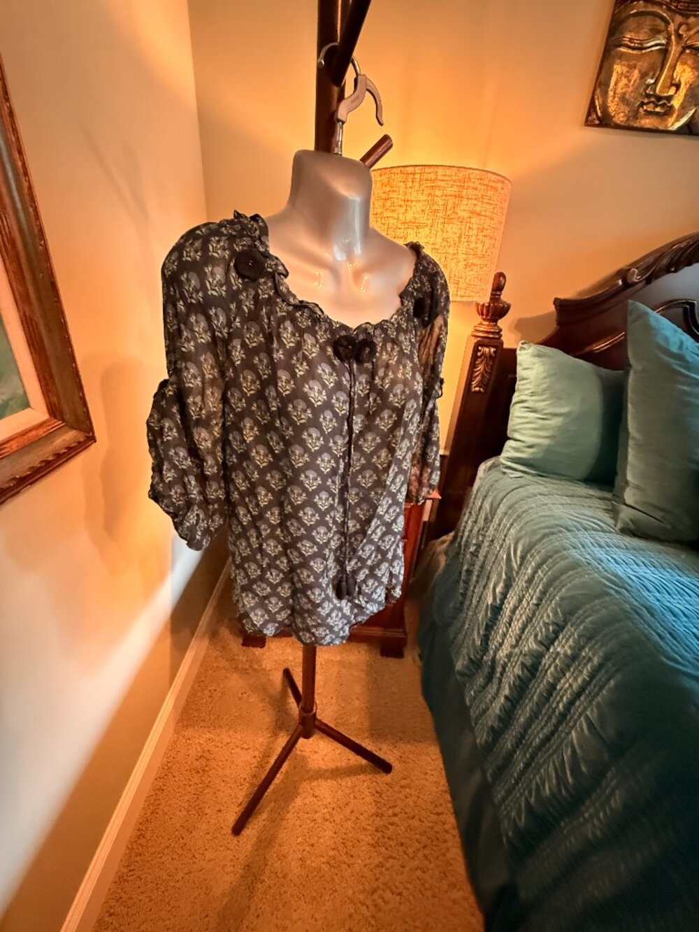 ✨ FIGUE Luxury Boho Blue Block-Print Tassel Peasant Blouse ✨